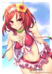  1girl bikini fi-san flower frilled_bikini frills hair_flower hair_ornament hairband hand_on_own_chest highres love_live! love_live!_school_idol_project navel nishikino_maki red_eyes redhead short_hair solo swimsuit 