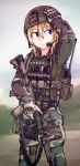  1girl arm_up assault_rifle bangs battle_rifle blonde_hair blue_eyes camouflage closed_mouth dutchko gloves gun hair_between_eyes hand_on_own_head hat helmet holding holding_gun holding_weapon load_bearing_vest long_sleeves looking_away looking_to_the_side m4_carbine magazine_pouch military military_uniform original outdoors pouch rifle scope short_hair smile solo standing suppressor sweat uniform weapon 