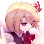  1girl :&gt; ainy77 ascot blonde_hair collared_shirt female gradient gradient_background hair_ribbon hands looking_at_viewer lowres outstretched_arms palms red_eyes ribbon rumia shirt short_hair smile solo spread_arms touhou upper_body vest white_background 