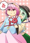  2girls :d anger_vein annoyed belly_poke belly_rub blouse breasts clenched_hands fat green_eyes green_hair hairband hat hug hug_from_behind komeiji_koishi komeiji_satori moja_(moja4192) multiple_girls open_mouth pink_hair plump red_eyes short_hair siblings sisters small_breasts smile spoken_anger_vein third_eye touhou triangle_mouth 