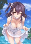  1girl blue_sky blush breasts cleavage clouds cloudy_sky collarbone dress dress_lift hair_between_eyes konohana_enishi leaning_forward lifted_by_self long_hair looking_at_viewer medium_breasts one_eye_closed original parted_lips purple_hair scrunchie sengoku_aky side_ponytail sky solo splashing sundress violet_eyes wading water wet wet_clothes wet_dress white_dress 