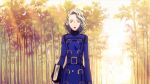  1girl belt blonde_hair book brown_eyes curly_hair female forest holding holding_book lipstick long_hair long_sleeves looking_at_viewer makeup margaret margaret_(persona) nature outdoors persona persona_4 solo tree 