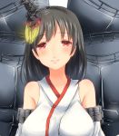  1girl ame-rain black_hair cannon detached_sleeves hair_ornament headgear highres japanese_clothes kantai_collection machinery nontraditional_miko portrait red_eyes short_hair solo turret wide_sleeves yamashiro_(kantai_collection) 