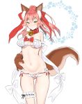 1girl animal_ears arm_behind_back bell bell_collar blush bra breasts breasts_apart cat_ears cat_paws cat_tail collar curvy fate/grand_order fate_(series) fox_ears fox_tail garters gluteal_fold highres long_hair looking_at_viewer navel nito_(siccarol) panties paws pink_hair plump ponytail solo sweatdrop tail tamamo_cat_(fate/grand_order) underwear white_bra white_panties yellow_eyes 