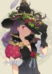  1girl ddal gloves hand_on_headwear hat highres long_hair looking_at_viewer original plant purple_hair red_eyes smile solo vines witch witch_hat 