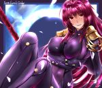  1girl bodysuit breasts duralu500 erect_nipples fate/grand_order fate_(series) gae_bolg highres large_breasts long_hair looking_at_viewer pauldrons polearm purple_hair red_eyes scathach_(fate/grand_order) solo spear weapon 