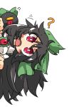  1girl ? amura_(artist) bird black_hair blush_stickers bow dual_persona fang hair_bow head_tilt long_hair open_mouth red_eyes reiuji_utsuho reiuji_utsuho_(bird) third_eye touhou transparent_background 