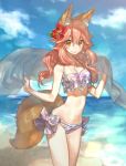  1girl animal_ears bangs bare_arms bare_shoulders beach blue_sky blurry blush bow breasts chocoan cleavage closed_mouth clouds cowboy_shot day eyebrows eyebrows_visible_through_hair fate/extra fate_(series) female flower fox_ears fox_tail hair_between_eyes hair_flower hair_ornament long_hair looking_at_viewer medium_breasts navel outdoors pink_hair see-through sky solo standing stomach swimsuit tail tamamo_(fate)_(all) tamamo_no_mae_(fate) water wide_hips yellow_eyes 