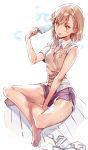  1girl bangs bare_arms bare_legs barefoot between_legs blush breasts brown_eyes brown_hair clothes_on_floor collared_shirt dsmile eyebrows eyebrows_visible_through_hair food full_body hand_between_legs holding holding_food ice_cream indian_style loose_socks medium_breasts misaka_mikoto purple_shorts shadow shirt short_hair short_sleeves shorts simple_background sitting sleeves_rolled_up socks socks_removed solo sweat sweater_vest to_aru_kagaku_no_railgun to_aru_majutsu_no_index tongue tongue_out white_background white_shirt 