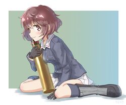  1girl akiyama_yukari black_boots black_legwear blue_jacket boots brown_eyes brown_hair girls_und_panzer gloves jacket short_hair sitting skirt solo tank_shell wariza white_skirt yukiroku 