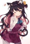  1girl animal_ears black_hair blush cat_ears cat_tail fang fang_out hair_ribbon haruka_(reborn) head_tilt index_finger_raised kantai_collection kemonomimi_mode long_hair long_sleeves looking_at_viewer multicolored_hair naganami_(kantai_collection) one_eye_closed pantyhose pink_hair ribbon school_uniform simple_background skirt smile solo tail thigh-highs very_long_hair white_legwear yellow_ribbon 