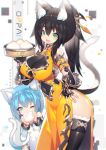  2girls animal_ears arm_belt bamboo_steamer bangs baozi bare_shoulders belt_buckle black_hair black_legwear black_leotard blue_eyes blue_hair breasts buckle cat_ears cat_tail china_dress chinese_clothes cleavage cleavage_cutout commentary covered_navel dress eating elbow_gloves eyebrows_visible_through_hair fang fingerless_gloves food frilled_legwear gauntlets gears gloves green_eyes hair_between_eyes hair_ornament hand_on_hip holding holding_food holding_tray large_breasts leotard looking_at_viewer mamuru multiple_girls navel_cutout one_eye_closed open_mouth original ponytail ribbon short_eyebrows side_slit sidelocks sleeveless sleeveless_dress slit_pupils small_breasts smile tail thigh-highs tied_hair tray yellow_dress yellow_ribbon 
