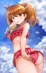  1girl adjusting_clothes adjusting_swimsuit alternate_costume ass bikini bikini_skirt brown_eyes brown_hair clouds cloudy_sky flat_chest food frilled_bikini frilled_skirt frills from_below hair_between_eyes highres ice_cream kantai_collection long_hair looking_at_viewer midriff okitsugu red_bikini revision ryuujou_(kantai_collection) sideways_hat skirt sky sweat swimsuit thighs tongue tongue_out twintails visor_cap 
