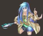  1girl black_background blue_eyes blue_hair collarbone duel_monster eria highres jacket kan_(zwssg) long_hair looking_at_viewer simple_background skirt solo staff yu-gi-oh! 