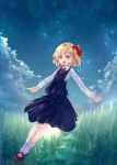  1girl absurdres blonde_hair clouds fang flying hair_ribbon highres mary_janes murani necktie outstretched_arms red_eyes ribbon rumia shoes short_hair smile socks solo star_(sky) touhou tree 