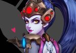  1girl back black_gloves blown_kiss blue_hair bodysuit breasts closed_eyes fishnets gloves glowing head_mounted_display heart lips long_hair looking_at_viewer looking_back overwatch parted_lips pauldrons ponytail purple_lips purple_skin qi_kou solo spider_print upper_body widowmaker_(overwatch) yellow_eyes 
