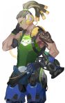  1boy bare_shoulders beard black_gloves black_hair dark_skin dark_skinned_male facial_hair frog_print glasses gloves goatee gun hair_ornament hair_tie hairlocs hand_on_headphones handgun headphones high_ponytail highres long_hair lucio_(overwatch) male_focus overwatch ponytail simple_background smile solo sunglasses tank_top tattoo teeth visor weapon white_background 