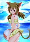  1girl absurdres animal_ears ass bikini brown_hair cat_ears collarbone frilled_bikini frills hair_ribbon highres long_hair red_eyes red_ribbon ribbon short_twintails silica silica_(sao-alo) simple_background solo swimsuit sword_art_online sword_art_online:_code_register tail twintails 