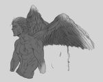  1boy closed_eyes devil_may_cry devil_may_cry_3 dripping feathers flat_color grey_background male_focus mineco000 monochrome muscle parted_lips profile shirtless simple_background solo upper_body vergil wings 
