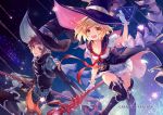  achan_(blue_semi) blonde_hair boots breasts brown_eyes brown_hair cape cleavage djeeta_(granblue_fantasy) gloves gran_(granblue_fantasy) granblue_fantasy hat skirt staff thigh-highs thigh_boots warlock_(granblue_fantasy) witch_hat yellow_eyes 