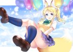  1girl :o animal_ears ass ayase_eli balloon bangs blonde_hair blue_eyes blue_legwear blue_sky blush bow bowtie breasts brown_shoes collared_shirt eyebrows eyebrows_visible_through_hair floating fox_ears gorua_(youce01) green_bow green_bowtie kemonomimi_mode kneehighs letterboxed long_hair looking_at_viewer love_live! love_live!_school_idol_project medium_breasts open_mouth petals plaid plaid_skirt pleated_skirt ponytail school_uniform scrunchie shirt shoes short_sleeves sidelocks skirt skirt_tug sky smile solo string sweater_vest white_border white_shirt 