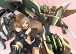  1boy 1girl :d blush brown_eyes brown_hair detached_sleeves fingerless_gloves garimpeiro gloves glowing glowing_eyes hat heart hug hug_from_behind long_hair mecha one_eye_closed open_mouth original pink_background smile super_robot_wars 