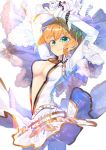  1girl ahoge blonde_hair breasts cleavage fate/extra fate/extra_ccc fate_(series) green_eyes hair_intakes kinokoko-kino looking_at_viewer midriff navel open_clothes saber_bride saber_extra smile solo zipper 