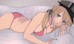  1girl anchor_hair_ornament aqua_eyes arm_pillow ass bangs bed_sheet bikini blonde_hair blue_eyes breast_press breasts cleavage cowboy_shot hair_between_eyes hair_ornament hat kantai_collection looking_at_viewer lying medium_breasts on_bed on_stomach parted_lips peaked_cap pink_bikini prinz_eugen_(kantai_collection) shade sketch solo swimsuit twintails youmak 