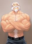  1boy abs bare_shoulders beard belt biceps body_hair buckle chest_hair collarbone crossed_arms eye_scar facial_hair fang gradient gradient_background grin looking_at_viewer male_focus manly muscle old_man overwatch pants reinhardt_(overwatch) scar scar_across_eye shirtless short_hair smile solo teeth white_hair 