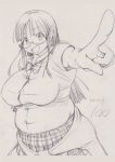  1girl :d big_belly bow bowtie breasts buttons clothes_around_waist collared_shirt fat female foreshortening glasses kobayakawa_horan large_breasts long_hair looking_at_viewer monochrome muffin_top nekokami open_mouth original pointing pointing_at_viewer round_teeth shirt short_sleeves skirt smile solo sweater_around_waist teeth very_long_hair 