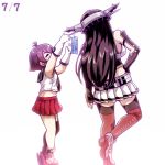  2girls ahoge arms_up black_hair commentary_request dated elbow_gloves fingerless_gloves from_behind gloves hand_on_hip headgear kantai_collection long_hair multiple_girls nagato_(kantai_collection) pleated_skirt purple_hair sakawa_(kantai_collection) school_uniform serafuku short_hair simple_background single_thighhigh skirt standing standing_on_one_leg tanabata tanaka_kusao tanzaku thigh-highs white_background 