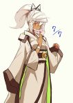  adapted_costume alternate_costume dark_skin guilty_gear guilty_gear_xrd hair_ornament japanese_clothes kimono mouth_hold ponytail ramlethal_valentine razu_(rus) red_eyes white_hair 