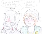  1girl antiheld beanie blonde_hair blush commentary couple extra green_eyes hat npc omnic overwatch pale_color robot short_hair smiley_face solo white_background 