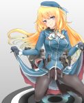  1girl ame-rain atago_(kantai_collection) beret black_gloves blonde_hair breasts cannon gloves green_eyes hat jacket kantai_collection large_breasts lips long_hair looking_at_viewer machinery military military_uniform pantyhose skirt skirt_lift smile solo squatting turret uniform 