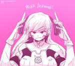  1girl acronym bodysuit bracer bunny_print d.va_(overwatch) english facepaint facial_mark female gloves gradient gradient_background headphones headphones_removed long_hair looking_at_viewer mangododo monochrome overwatch pauldrons pilot_suit pink_background removing_headwear ribbed_bodysuit shoulder_pads simple_background solo spot_color twitter_username upper_body whisker_markings 