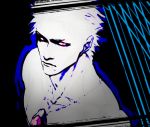  1boy black_background closed_mouth collarbone devil_may_cry devil_may_cry_3 flat_color jewelry lineart looking_at_viewer male_focus mineco000 necklace partially_colored red_eyes serious shirtless simple_background solo upper_body vergil white_hair 