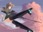  1girl animal_ears ass blue_eyes brown_hair clouds flying gun highres jacket open_mouth original panties ponytail rifle solo strike_witches striker_unit tail tasuurin underwear weapon white_panties 