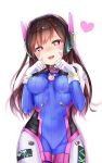 1girl bodysuit breasts brown_eyes brown_hair byoc12 clenched_hands covered_navel cowboy_shot d.va_(overwatch) facial_mark gloves head_tilt headphones heart heart-shaped_pupils highres long_hair looking_at_viewer medium_breasts open_mouth overwatch pilot_suit simple_background smile solo symbol-shaped_pupils whisker_markings white_background white_gloves 