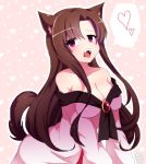  1girl animal_ears bare_shoulders blush breasts brown_hair cleavage dress heart heart_background imaizumi_kagerou long_hair looking_at_viewer off-shoulder_dress off_shoulder open_mouth pink_eyes solo tail tongue tongue_out touhou wolf_ears wolf_tail you_(noanoamoemoe) 