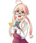  1girl ahoge arrow blush bow glasses green-framed_eyewear hair_flaps highres kantai_collection long_hair long_sleeves looking_at_viewer low_twintails lulu_heika makigumo_(kantai_collection) open_mouth pink_hair school_uniform semi-rimless_glasses sleeves_past_wrists solo tears tied_sleeves twintails under-rim_glasses wavy_mouth white_background yellow_eyes 