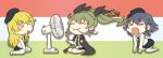  &gt;_&lt; 3girls all_fours anchovy bangs beret between_legs blonde_hair blouse braid cape carpaccio chibi closed_eyes commentary_request drill_hair eating electric_fan flag_background food fork girls_und_panzer green_hair hair_ribbon hand_between_legs hat long_hair multiple_girls necktie open_mouth otoufu pantyhose pasta pepperoni_(girls_und_panzer) plate pleated_skirt ribbon short_hair sidelocks sitting sketch skirt spaghetti twin_drills wariza 