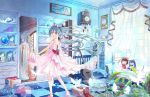  1girl acoustic_guitar aqua_eyes aqua_hair arm_tattoo back blush book book_stack bow box butterfly cabinet card_captor_sakura ceiling character_doll checkered checkered_floor chinese_clothes chuushuu_meigetsu_miku clock closet clothes_removed couch cup curtains different_reflection doll drawer dress drinking_glass fan floating_hair frame fringe from_behind glass globe gown guitar hair_bow hanfu hat hat_removed hatsune_miku headwear_removed highres indoors instrument kinomoto_sakura light_particles long_hair looking_at_viewer looking_back mirror no_socks open_book open_mouth paper paper_fan peas_(peas0125) petals photo_(object) picture_(object) pink_bow pink_dress pink_shoes plant rainbow_order reflection ribbon see-through shelf shoes skirt_hold snow_bunny solo sphere spring_onion standing strapless strapless_dress stuffed_toy tattoo tile_floor tiles uchiwa vase very_long_hair vocaloid wall white_flower wind window witch_hat yuki_miku yukine_(vocaloid) 