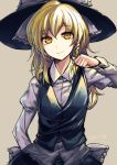  1girl akanagi_youto blonde_hair bow braid collared_shirt flat_chest grey_background hair_bow hat hat_bow juliet_sleeves kirisame_marisa long_hair long_sleeves looking_at_viewer puffy_sleeves shirt side_braid smile solo touhou vest witch_hat yellow_eyes 