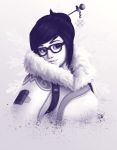  1girl absurdres artist_name bangs beads black-framed_eyewear coat fur-lined_jacket fur_coat fur_trim glasses hair_bun hair_ornament hair_stick highres mei_(overwatch) monochrome overwatch parka short_hair sidelocks sketch smile snowflake_background snowflake_hair_ornament solo swept_bangs upper_body winter_clothes winter_coat 