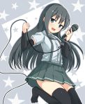  1girl ame-rain arm_warmers asashio_(kantai_collection) black_hair black_legwear blue_eyes highres kantai_collection long_hair microphone pleated_skirt shirt short_sleeves skirt solo suspenders thigh-highs white_shirt 