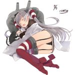  1girl amatsukaze_(kantai_collection) ass black_cat black_panties cat choker closed_eyes dated dress drooling garter_straps hair_tubes highres kantai_collection kou_mashiro lying on_side open_mouth panties pillow red_legwear rensouhou-kun sailor_collar sailor_dress saliva signature silver_hair simple_background single_glove sleeping solo striped striped_legwear thigh-highs twintails underwear white_background windsock 