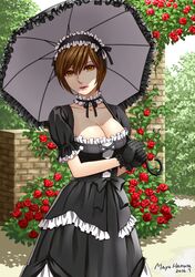  1girl black_dress breasts brown_eyes brown_hair cleavage dress flower frilled_dress frills gothic_lolita hairband hamura_mayu lolita_fashion lolita_hairband meiko short_hair solo umbrella vocaloid 