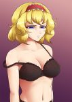  1girl alice_margatroid arms_at_sides black_bra black_panties blonde_hair blue_eyes bow bow_bra bra breasts cleavage collarbone colored_eyelashes frown gradient gradient_background hairband lace lace-trimmed_bra lace-trimmed_panties mazume navel panties purple_background reflective_eyes shiny shiny_hair shiny_skin short_hair solo stomach strap_slip touhou underwear upper_body 