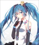  1girl aqua_eyes aqua_hair black_gloves crown elbow_gloves finger_to_mouth gloves hakusai_(tiahszld) hatsune_miku headset long_hair looking_at_viewer mini_crown necktie solo twintails upper_body very_long_hair vocaloid white_background 