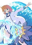  00s blue_eyes breasts gym_leader highres jacket kasumi_(pokemon) one-piece_swimsuit orange_hair outstretched_arms pokemon pokemon_(creature) pokemon_(game) pokemon_hgss short_hair small_breasts starmie swimsuit tongue tongue_out track_jacket water waves 
